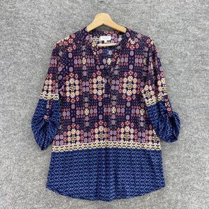 Siren Lilly Blouse Women M Medium Blue Geometric V-Neck 3/4 Sleeve Button Up